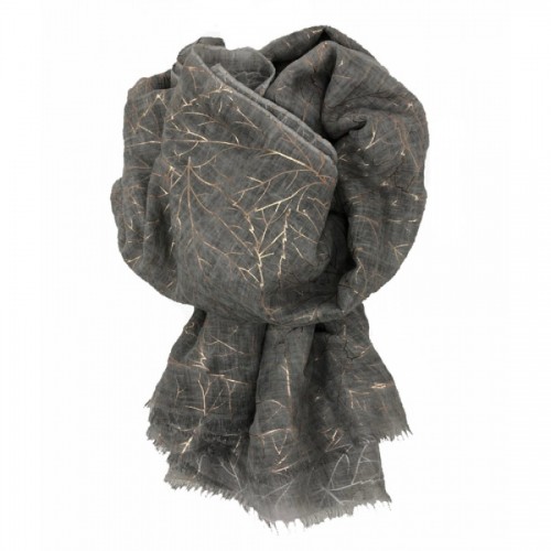 Scarf-Charcoal Grey Rose Gold Leaves 